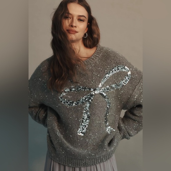 Anthropologie Sequin Bow Crew Neck Sweater Size XL NWT - Picture 1 of 16